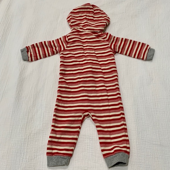Burt’s Bees Baby Hooded Holiday Jumpsuit | Christmas Red and Cream Stripe | 3-6m - Picture 2 of 4